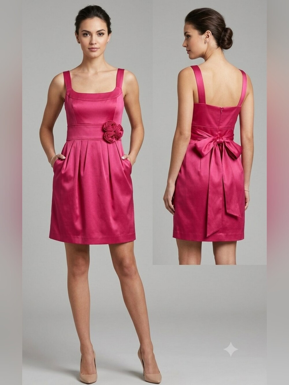 ​Oasis Magenta Rose Detail Fit & Flare Dress Pockets Size 14 Wedding Cocktail